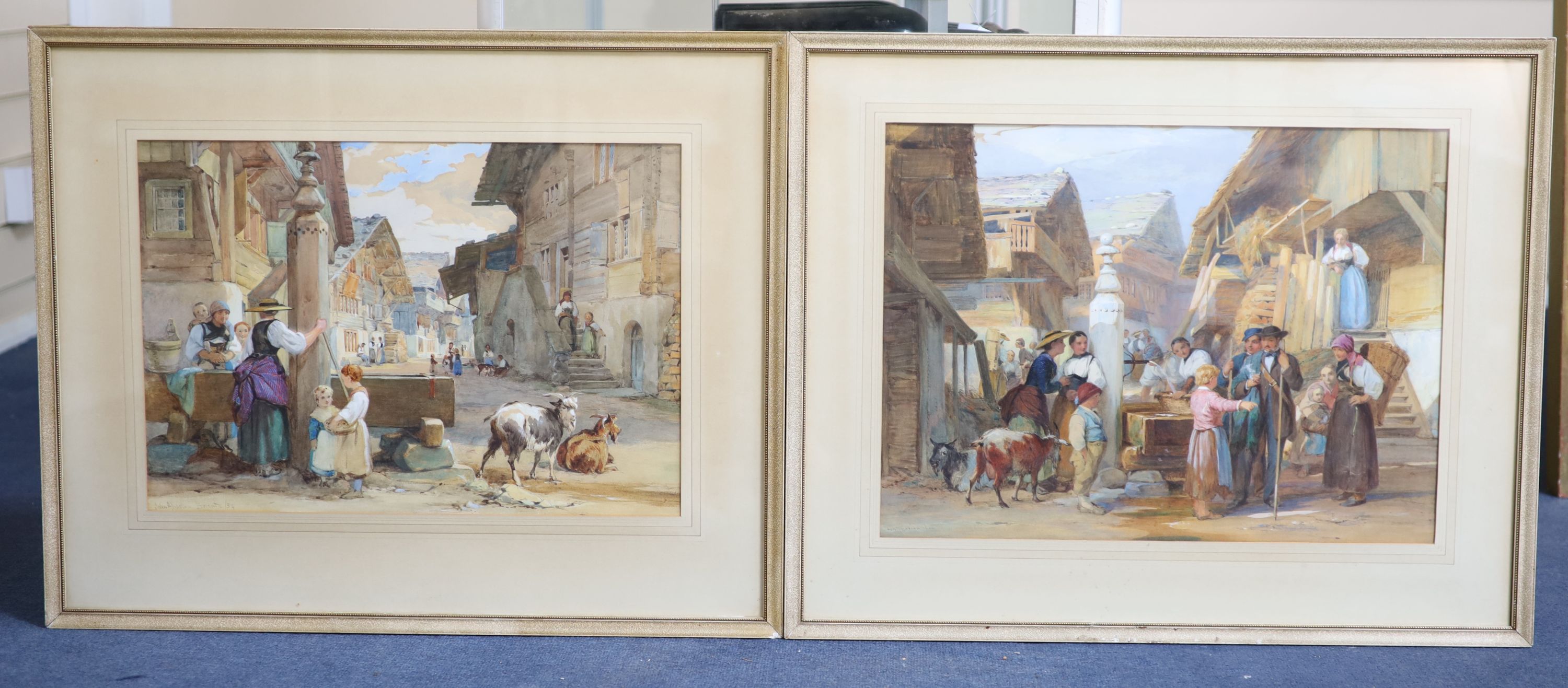 John Absolon (1815-1895), Alpine market scenes, pair of watercolours, 35 x 51 cm